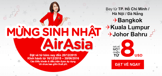 Vé máy bay Air Asia đi Kuala Lumpur, Johor Bahru, Penang  có 169 ngàn đồng!